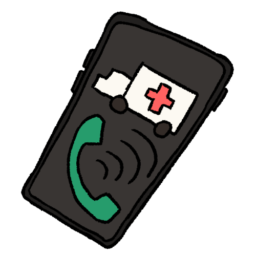 a drawing of a phone with an ambulance and a green phone symbol on it.